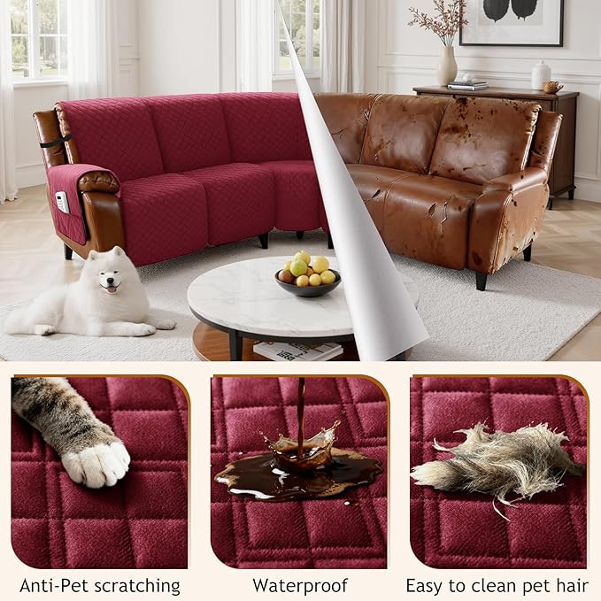 Arfntevss Waterproof Recliner Sectional Couch Covers for Reclining Sectional L Shape Sofa Cover Non Slip Washable Recliner L Shaped Slipcover Dog Additional Seat Protector (1 Seat Cover, Wine Red) - Image 6