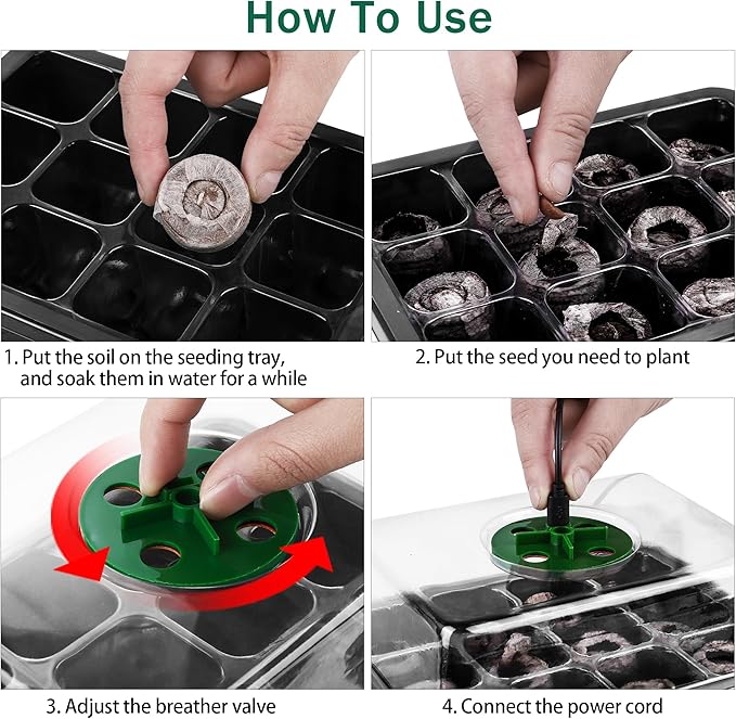 6 Pack Seed Starter Tray Kit with Grow Light and Humidity Dome Germination Trays with 72 Peat Pellets, Plant Labels, Gardening Tools, Plant Growing Trays for Seeds Growing Starting, Black - Image 5