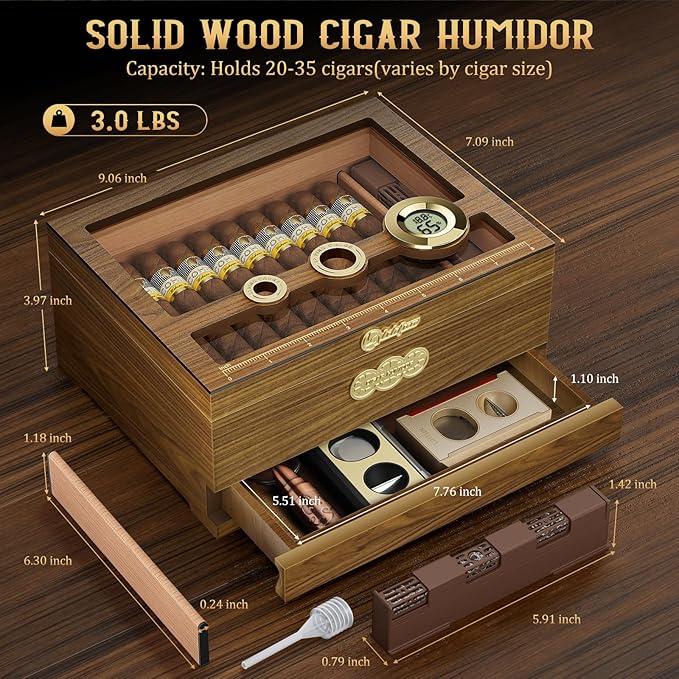 Cigar Humidor, Glass Top Desktop Cigars Case with Digital Hygrometer, Humidifier, Cigar Accessories Drawer and Measuring Scale, Cigars Humidors Box for Men Gift - Image 4
