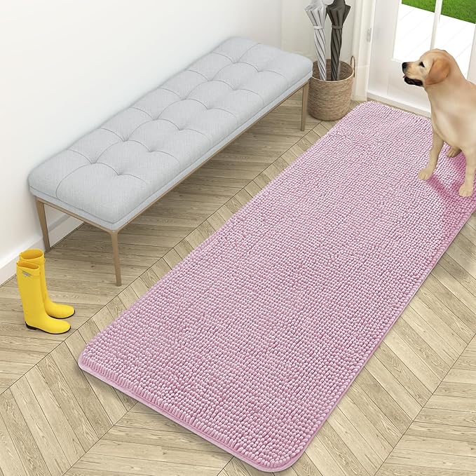 OLANLY Dog Door Mat for Muddy Paws 59x24, Absorbs Moisture and Dirt, Absorbent Non-Slip Washable Doormat, Quick Dry Chenille Mud Mat for Dogs, Entry Indoor Entryway Carpet for Inside Floor, Dusty Rose by OLANLY