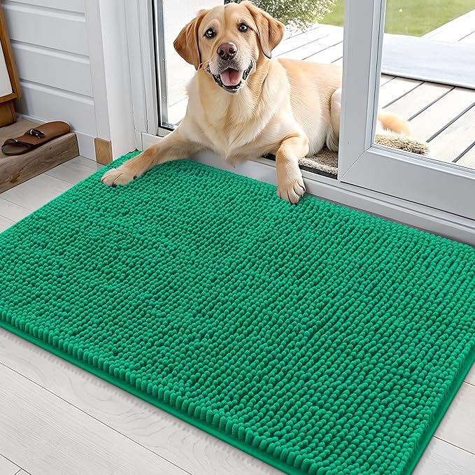 OLANLY Dog Door Mat for Muddy Paws 36x24, Absorbs Moisture and Dirt, Absorbent Non-Slip Washable Doormat, Quick Dry Chenille Mud Mat, Entry Indoor Entryway Carpet for Inside Floor, Emerald Green by OLANLY