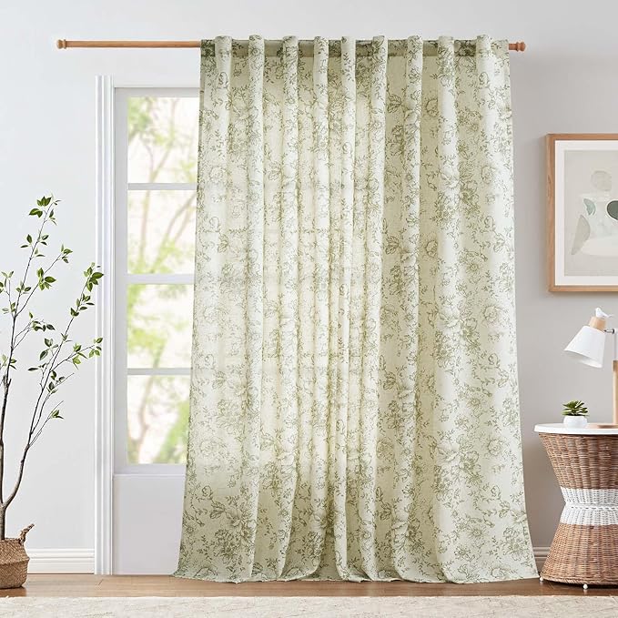 jinchan Linen Floral Curtains Extra Wide for Patio Sliding Glass Door Room Divider Curtain for Living Room Drapes 96 Inch Length Farmhouse Peony Green Printed Curtain Set 1 Panel by JINCHAN