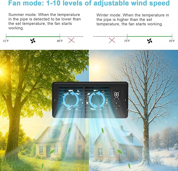 Register Booster Fan for 4" x 10" Vents Only, 10 Speeds to Control Cool & Warm Airflow, Air Conditioning Vents with LED Screen Remote & Thermostat Control, for Room Walls & Floors (Black) - Image 5