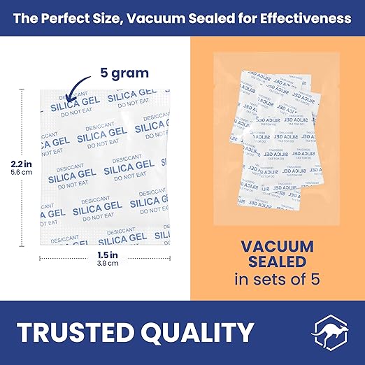 Wallaby 5 gram (250 Packets) Food Safe Pure White Silica Gel Desiccant Dehumidifier Packs - Rechargeable & Coated Moisture Absorbers - Protects Against Moisture Damage - (Packed in 50x Sets of 5) - Image 2