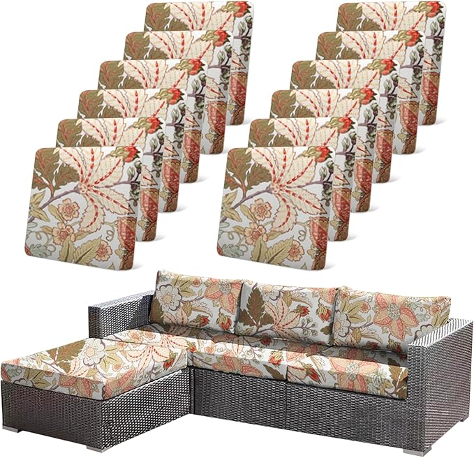 12Pcs High Elastic Digitally Printed Sofa Seat Cushion Cover, Soft & Comfortable Reusable Floral Print Stretch Couch Cushion Slipcover for Outdoor Furniture Protector Replacement(Cover Only by CALBODE