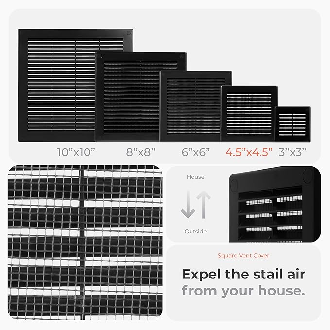 6" x 6" (Outer Size) Square Air Vent Cover – Black Plastic Vent Deflector - Screen Mesh, Surface Mount Wall Ceiling – Cold Air Return Soffit Air Vent Cover - Register Indoor Outdoor - Image 3