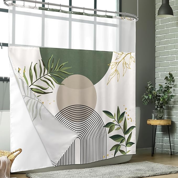 Sage Green Boho Shower Curtain with Snap in Liner Modern Mid Century Abstract Minimalist Gold Leaves Plant Sun Geometric Arch 72Wx72H Bathroom Decor Bath Curtain Fabric Polyester 12 Pack Hooks - Image 3