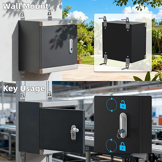 Joinfworld Outdoor Electrical Metal Box 11.8" x 11.8" x 7" Weatherproof Outdoor Junction Enclosure Steel Box with Lock Din Rail Cable Gland - Image 5