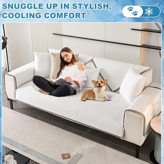 OTOB Cooling Dog Couch Cover Ice Silk Fiber, Non Slip Washable Sofa Slipcovers Mat, Soft Couch Cover Cooling Mat, Durable Pet Friendly Furniture Protector All Seasons (Cream, 28"*59") - Image 9
