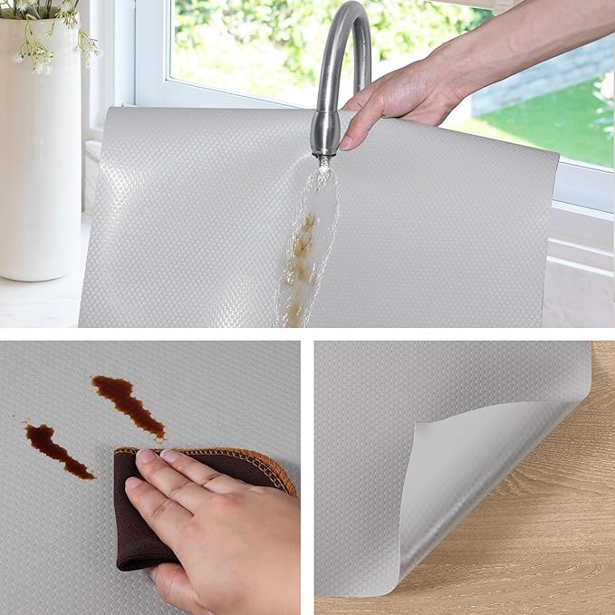Light Gray Shelf Liners for Kitchen Cabinets Non Adhesive Drawer Liner for Bathroom Waterproof Refrigerator Liners for Shelves Fridge Plastic Mats Cabinet Cupboard Liner 17.5 x 78.7 Inches - Image 3