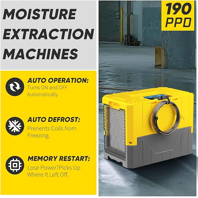 190Pints High Efficiency Commercial Dehumidifier for Basements-6000 Sq.Ft. Industrial Grade Dehumidifiers with Pump & Drain Hose for Crawl Spaces Water Damage Restoration-Yellow-1PC - Image 2