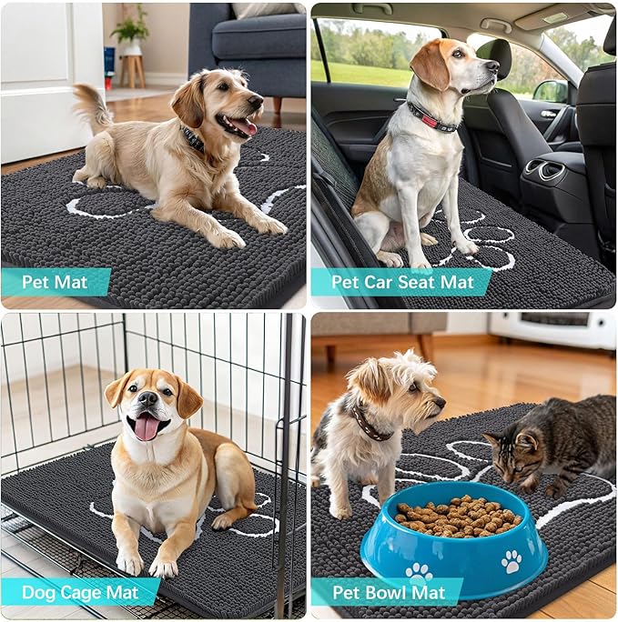 OLANLY Dog Door Mat for Muddy Paws 48x30, Paw Print Design, Absorbs Moisture and Dirt, Absorbent Non-Slip Washable Doormat, Quick Dry Chenille Mud Mat for Dogs, Entry Indoor Entryway Carpet, Dark Grey - Image 7