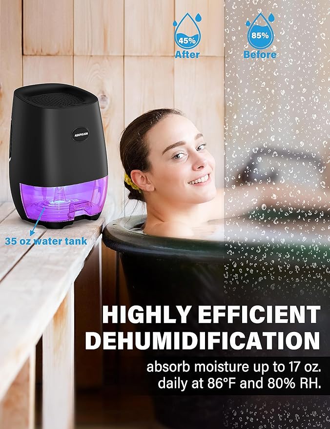 Dehumidifiers for Home, 35oz Small Dehumidifier for Bathroom (300sq.ft) with Auto-off, Sleep Mode, 7 Colors Night Light, Quiet Portable dehumidifier for Bedroom, RV, Closet, Office - Image 2