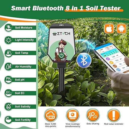 Bluetooth Soil pH EC Tester, Smart Plant pH Fertility Meter, 8 in 1 pH EC Fertility Temp Salt Moisture Light Intensity Air Humidity Monitor for Blueberry, Garden, Lawn, Raised Garden Beds - Image 2