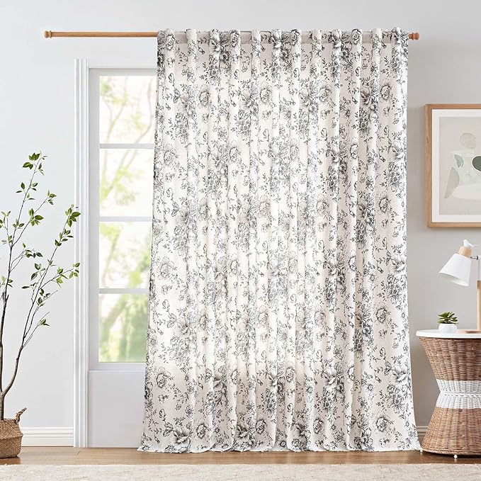 jinchan Linen Floral Curtains 100 Inch Extra Wide for Patio Sliding Glass Door Room Divider Curtain for Living Room 96 Inch Length Farmhouse Peony Black Printed Curtain Set 1 Panel by JINCHAN
