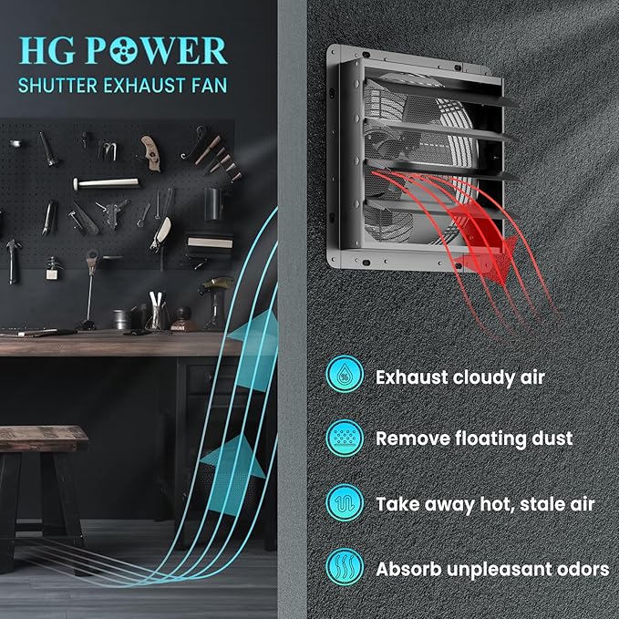 HG Power 16 Inch Shutter Exhaust Fan with Speed Controller, 1096 CFM High-Speed Vent Fan, Wall Mounted Attic Fan for Shed, Basement, Gable, Chicken Coop Ventilation Use, Black - Image 4