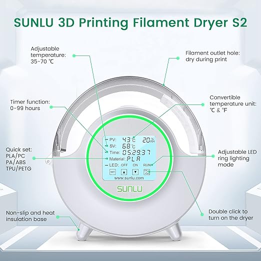SUNLU Official Filament Dryer S2 Plus, 70℃ Max Temperature, Built-in Circulation Fan, 3D Printer Filament Storage Box Filament Dehydrator, Nylon TPU PLA PETG ABS 3D Printer Filament Dryer Box, White - Image 5
