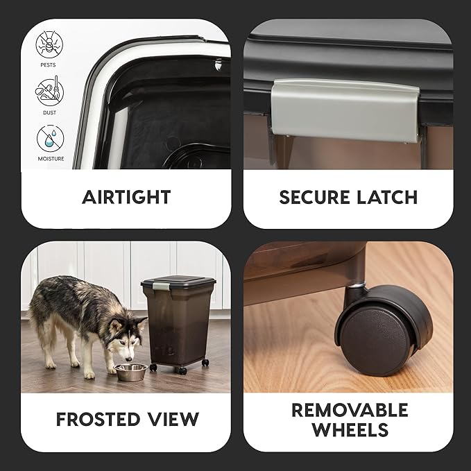 IRIS USA Airtight Dog Food Storage Container, WeatherPro, Up to 40 lbs, Removable Wheels, for Dog Cat Bird and Other Pet Food Storage Bin, Keep Fresh, Translucent Body, Made in USA, Smoke/Black - Image 4