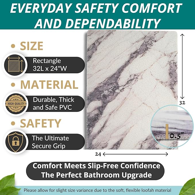 Enkosi Loofah Non-Slip Shower Mat - Shower Floors, Bathtub, Bathrooms, Wet Areas - Cushioned Bath Mat with Drain Holes - Quick Dry PVC, Secure Safety Pad Without Suction Cups (Marble Grey 32x24) - Image 3