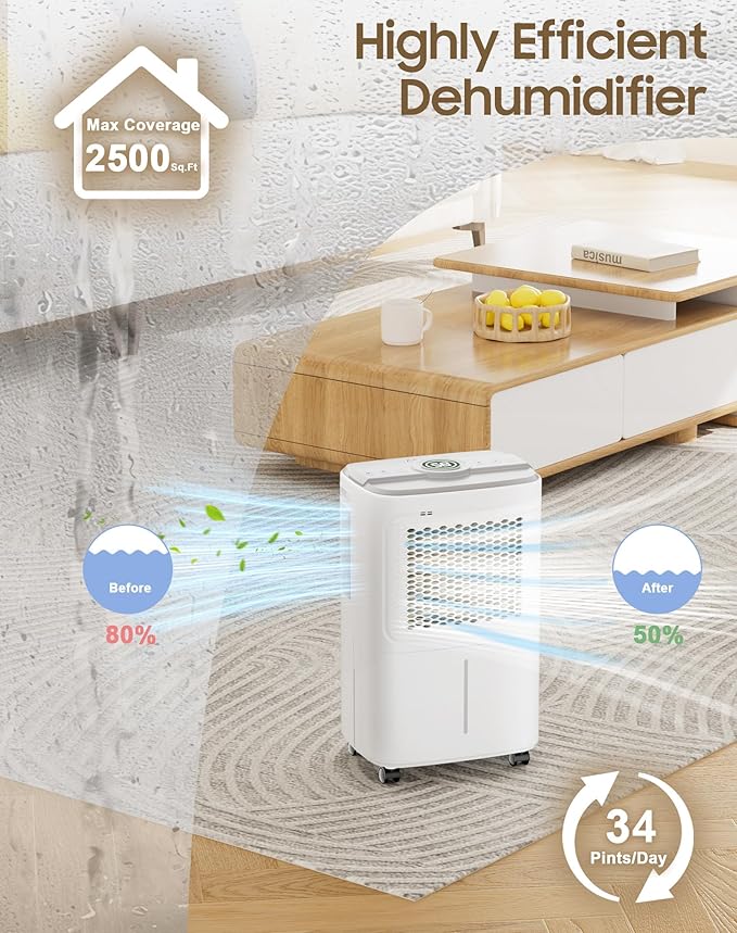 Dehumidifier for Home Basement Max 34 Pint 2500 Sq.Ft Small Quiet Portable Dehumidifiers for Bathroom Large Room, Bedroom Auto Defrost,Intelligent Humidity Control,24h Timer,Child Lock (13 Pint) - Image 4