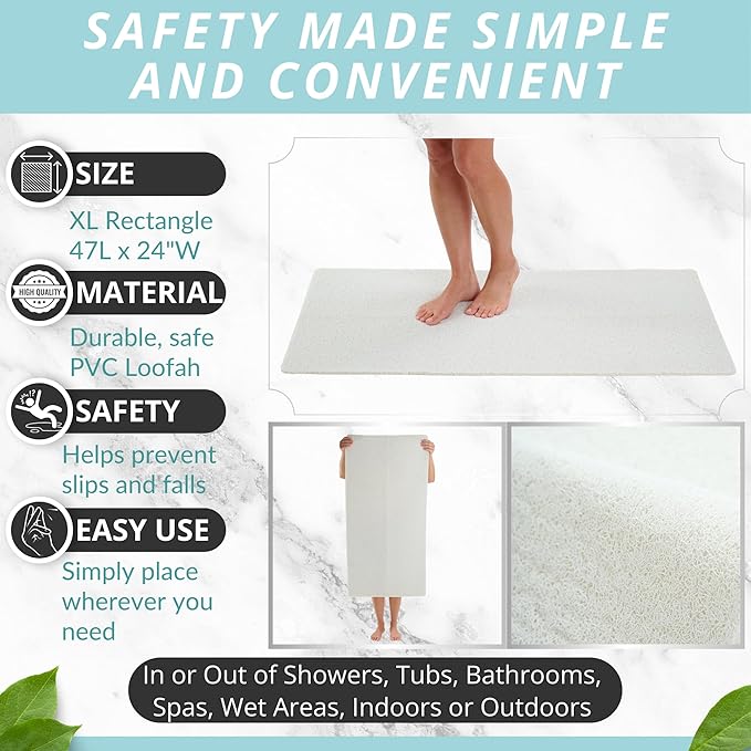 Anti Slip Shower Mat - Non Slip Shower Mats for Inside Shower - Large 47x24 Loofah Shower Floor Mat Non Slip - Bath Mat for Shower - Secure Mat Without Suction Cups (47x24 White) - Image 3
