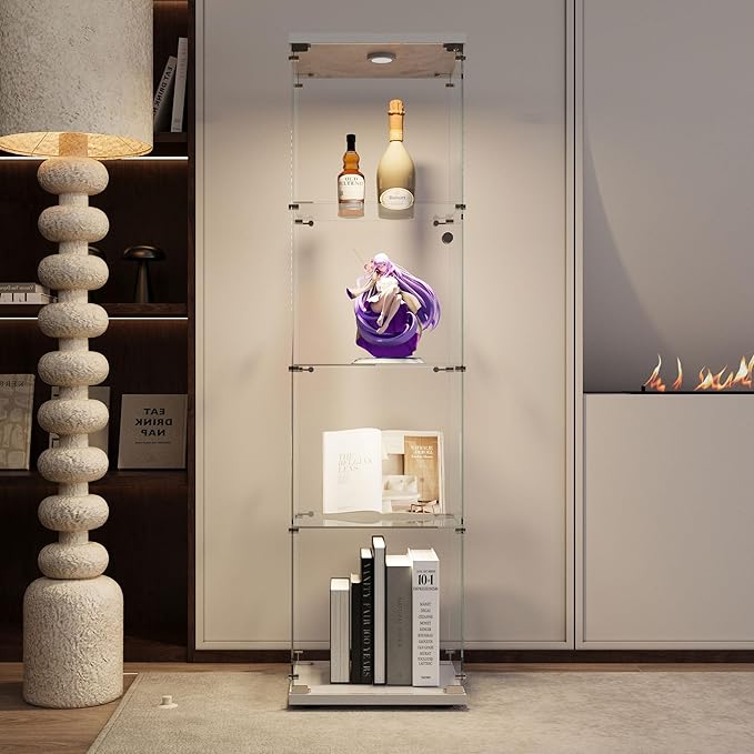 Yoluckea 4-Tier Glass Display Cabinet with Paipai Light, 1-Door Floor Standing Curio Cabinet with Adjustable Floor Feet for Home Office Corner Display, White Glass Bookshelf for Collections and Decor - Image 7