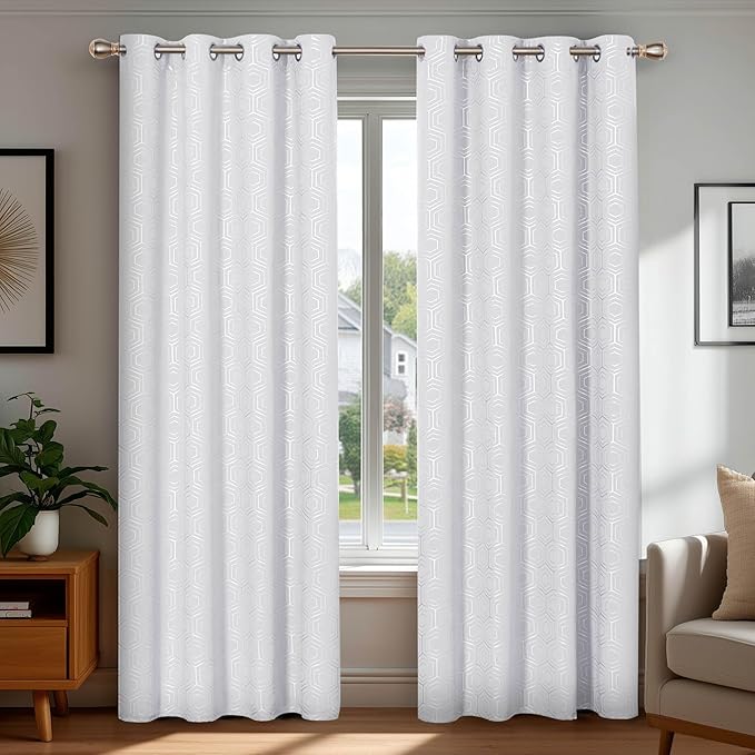 Deconovo White Curtains, Room Darkening Living Room Curtain, Thermal Insulated Soundproof Drapes, Hexagon Silver Print Pattern, 52 x 72 Inch, Grommet Panel for Bedroom Kitchen Office Nursery, Set of 2 by Deconovo