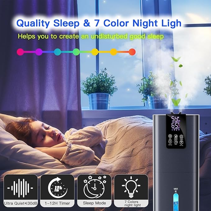 Smart Humidifiers Large Room Bedroom Home, 2.11Gal(8L) Quiet Top Fill Cool Mist Humidifier, Smart App & Remote Control, 3 Speed Humidifier with 360° Nozzle, Humidity Setting for Baby Office(Blue) - Image 7