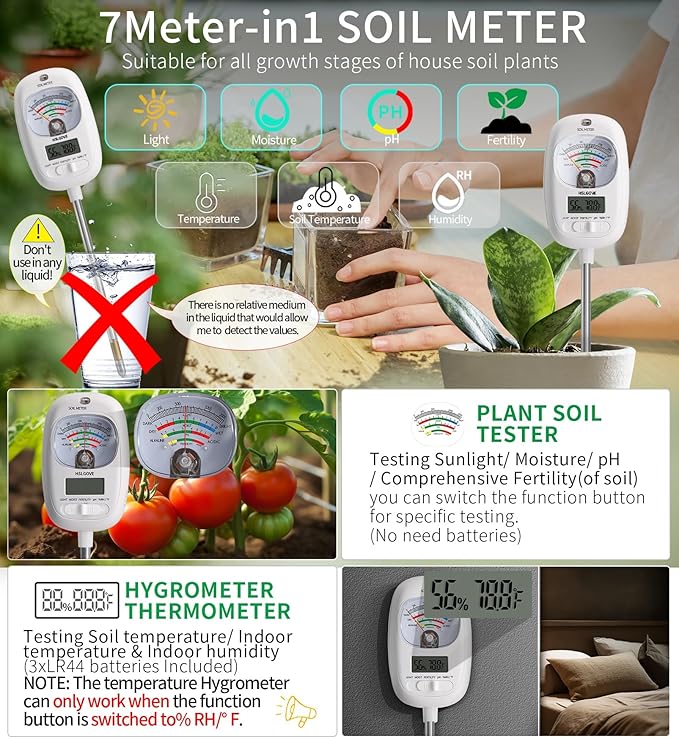 HSLGOVE Soil Test Kit, 7-in-One Soil Moisture Meter/Soil PH Meter/Fertility, Dual Screen Soil Tester w/Digital Soil Temp/Air Temp&Humidity for Plants Gardening,Lawn,Farm Indoor&Outdoor-Milk White - Image 3