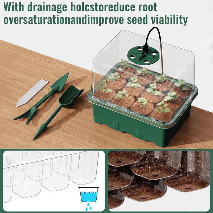 NBPLUS Seed Starter Tray with Grow Light, 5 Pack 60 Cells Seed Starter kit with Humidity Dome and Base, Plant Seedling Trays Indoor Greenhouse Gardening (Green 5 Pack) - Image 3