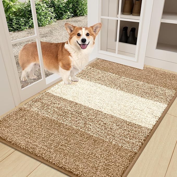 Smiry Dog Door Mat for Muddy Paws, Absorbs Moisture and Dirt, Low-Profile Entryway Mat with Non-Slip Backing, Entry Indoor Outdoor Doormat for Inside Floor (36x24 Inches, Camel, Striped) by Smiry