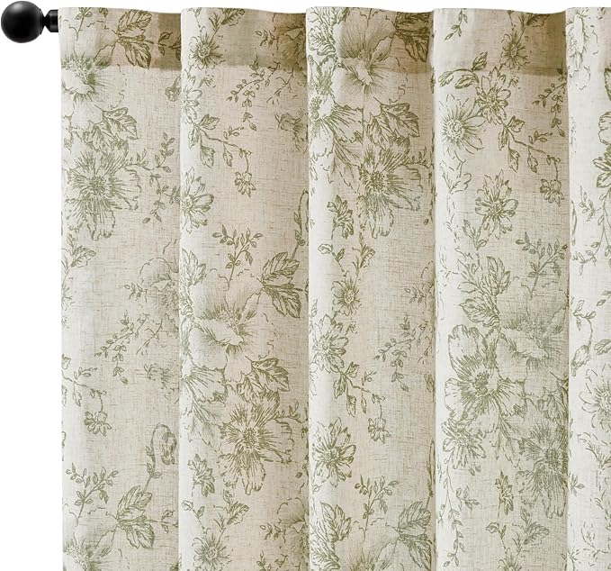 jinchan Linen Blend Floral Curtains for Living Room 54 Inch Length Farmhouse Printed Curtain Rod Pocket Back Tab Sage Green Peony Flower Patterned Drapes Bedroom Curtains Set 2 Panels - Image 7