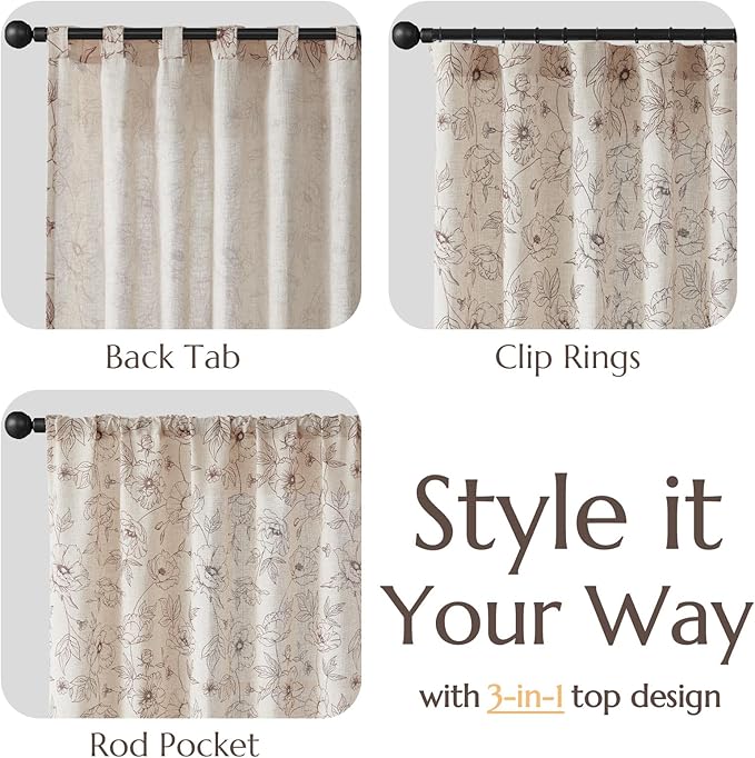 jinchan Floral Linen Curtains for Living Room 96 Inch Length Brown Flower Curtain Rod Pocket Back Tab Farmhouse Curtains with Printed Floral Bedroom Window Curtain Set, 2 Panels Brown - Image 4