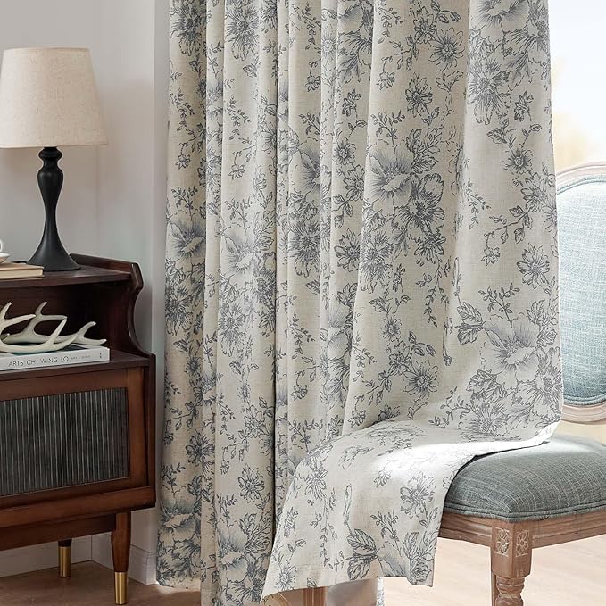 jinchan Blackout Linen Blend Curtain Gray Floral Blackout Curtains for Living Room 90 Inch Length Grey Printed with Lined Blackout Curtain for Bedroom Farmhouse Curtains Set 2 Panels - Image 8