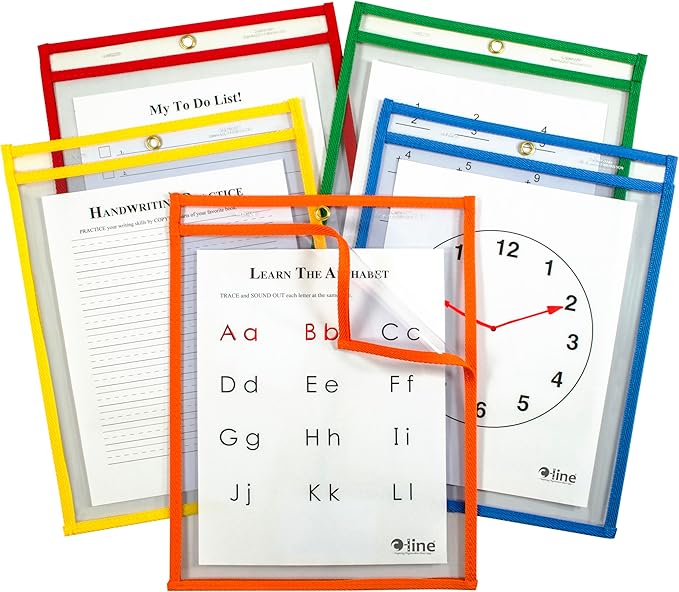 C-Line Super Heavyweight Plus Dry Erase Pockets, Assorted Primary Colors, 9 x 12 Inches Each, Box of 25 Dry Erase Pockets (42620) by C-Line