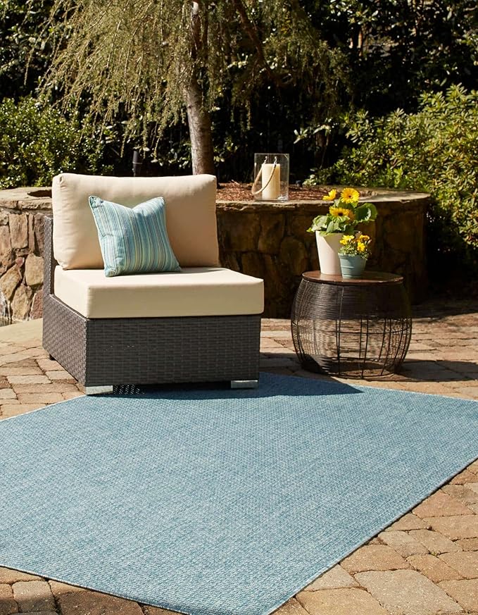 Unique Loom Collection Casual Transitional Solid Heathered Indoor/Outdoor Flatweave Area Rug (2' x 3' 1" Rectangle, Aquamarine/Ivory) - Image 4