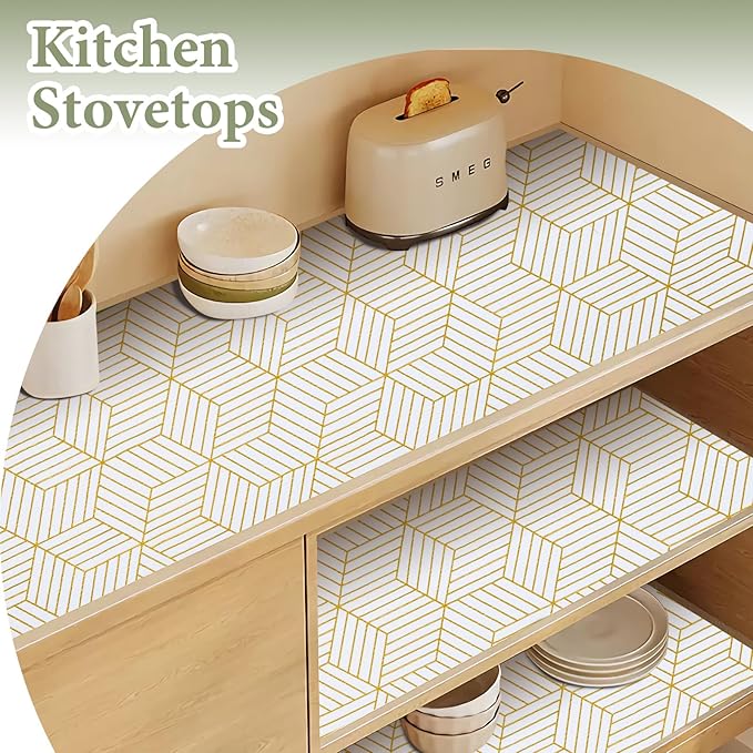 Shelf Liners for Kitchen Cabinets 35.4 in X 19.69 Ft, Non Adhesive Cabinet Liner Strong Non-Slip Thickened Gold Geometric Drawer Liner, Easy to Clean for Shelf, Cabinet with Knife and Tape Measure - Image 4