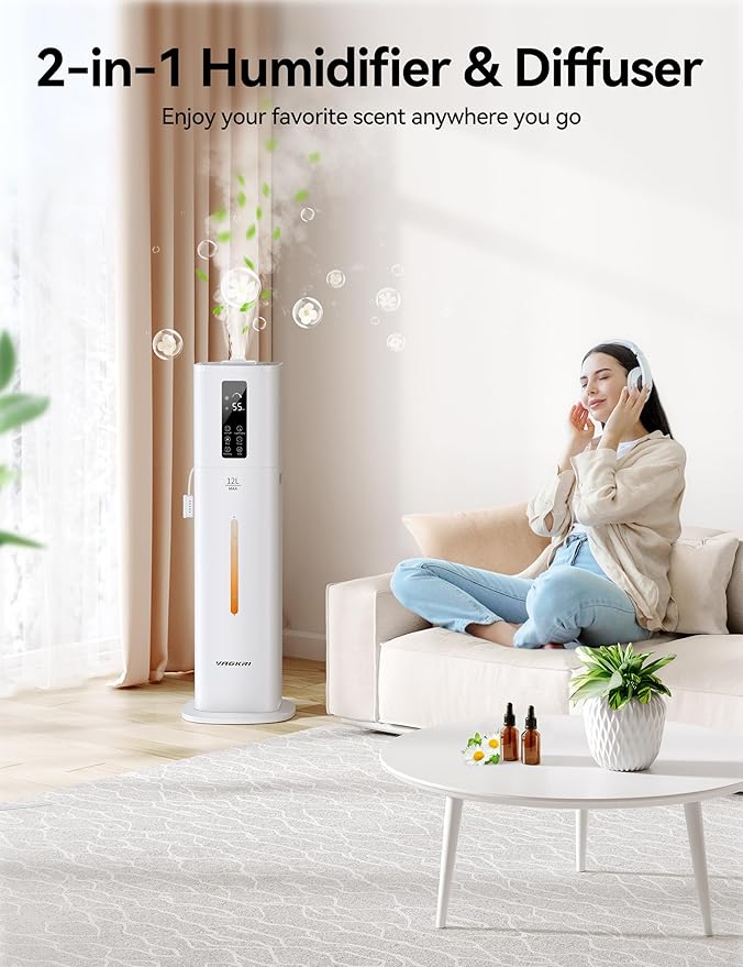 VAGKRI 12L Humidifiers for Large Room, Last 120 Hours, Cover up to 1000ft², Top Fill Ultrasonic Cool Mist Humidifier, 3 Mist Level, 24H Timer, Essential Oil Diffuser Humidifiers For Bedroom, Home - Image 3