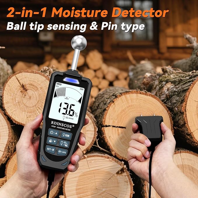 2-in-1 Pin & Pinless Moisture Meter, Digital Moisture Detector for Wood, Drywall & Building Materials, Large LCD Display, 3-Color Indicator, Calibration, Rechargeable Battery - Image 2