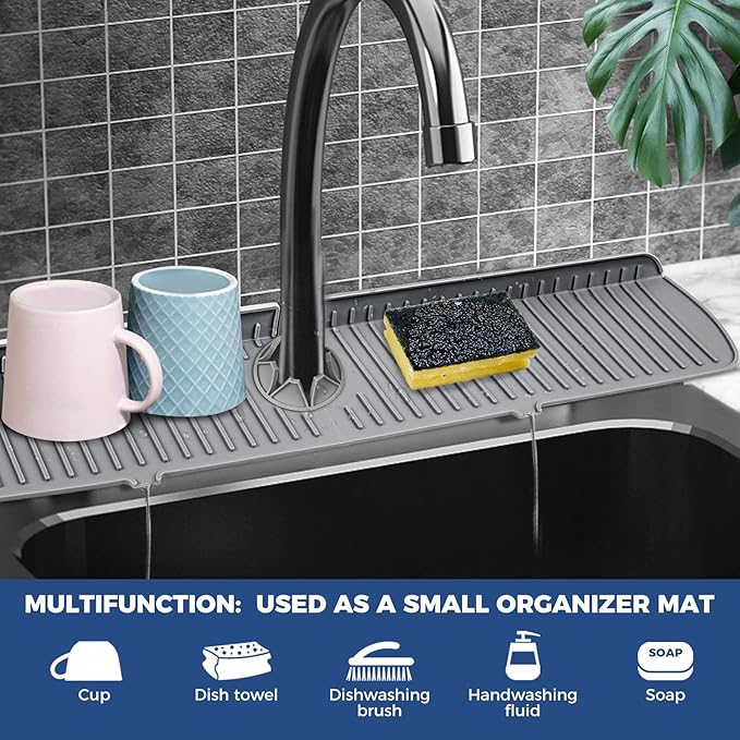 XXL Silicone Faucet Handle Drip Catcher Tray Mat, Large Silicone Faucet Mat, Dish Soap Sponge Holder for Kitchen Sink Accessories, Drying Mat for Kitchen Counter & Bathroom Kitchen Sink Splash Guard - Image 3
