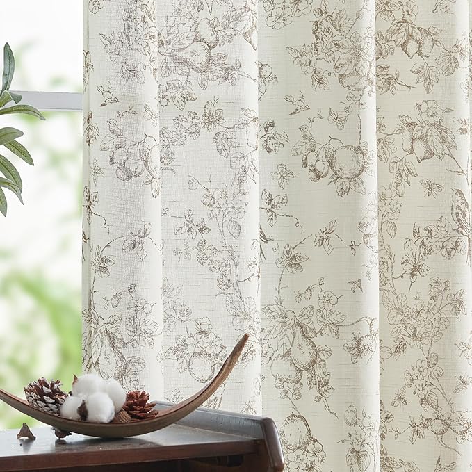 jinchan Linen Floral Curtains for Living Room 96 Inch Length Taupe Printed Flower French Country Curtain Farmhouse Cottage Core Toile Curtains Back Tab Light Filtering Window Drapes Set 2 Panels by JINCHAN