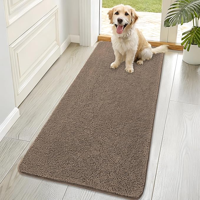 OLANLY Dog Door Mat for Muddy Paws 70x32, Absorbs Moisture and Dirt, Absorbent Non-Slip Washable Doormat, Quick Dry Chenille Mud Mat for Dogs, Entry Indoor Entryway Carpet for Inside Floor, Tan by OLANLY