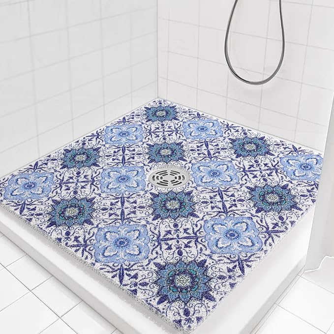 HOMBYS Square Shower Mat Non Slip 27x27 in,Shower Mat with Drain Hole in Middle,Shower Floor Mats for Inside Shower,PVC Loofah Shower Stall Mat,Secure in Shower Mat,Boho Bath Mats for Shower by HOMBYS