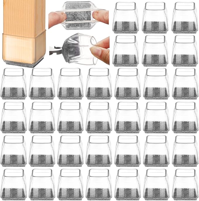 36Pcs Square Chair Leg Floor Protectors, High Elastic Felt Furniture Pads for Hardwood Floors, Silicone Floor Protectors for Chairs, Chair Leg Caps Covers Socks (Transparent, XSmall) by Joeyrras