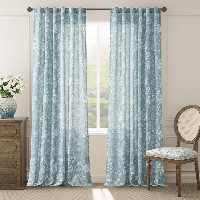 jinchan Linen Floral Curtains for Living Room, 96 Inch Length Curtains with Printed Flower Light Filtering Curtain, Rod Pocket Back Tab Blue Window Treatment Set Bedroom Curtain, 2 Panels Blue by JINCHAN