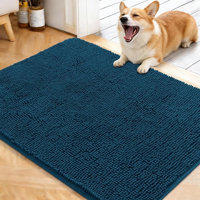 OLANLY Dog Door Mat for Muddy Paws 40x32, Absorbs Moisture and Dirt, Absorbent Non-Slip Washable Doormat, Quick Dry Chenille Mud Mat, Entry Indoor Entryway Carpet for Inside Floor, Atlantic Blue by OLANLY