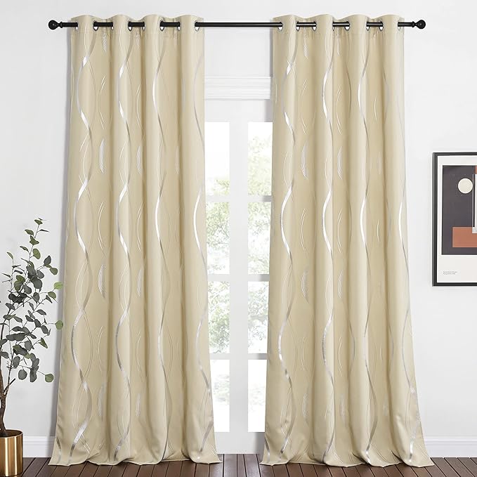 NICETOWN Extra Long Blackout Curtains for Large Window, Foil Printed Wave Lines Energy Saving Thermal Insulated Draperies for Kids Nursery Boys Bedroom (Biscotti Beige, 2 PCs, 52 inches by 108 inches) - Image 2