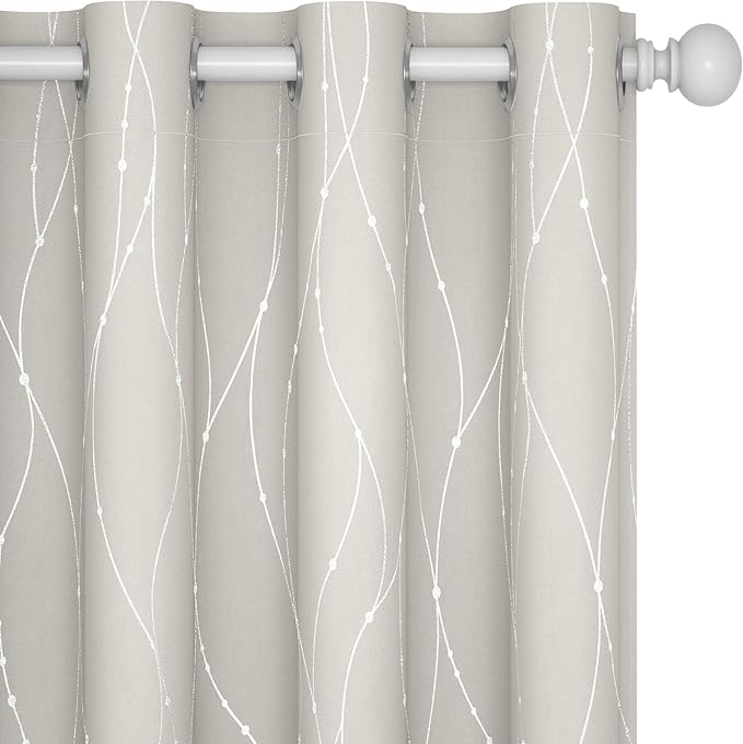Deconovo Room Darkening Curtains, Farmhouse Boho Beige Curtain, Thermal Insulated Soundproof Drapes, Silver Wave Dots Print, 52 x 95 Inch Long, Machine Washable Panels for Nursery Bedroom, Set of 2 by Deconovo