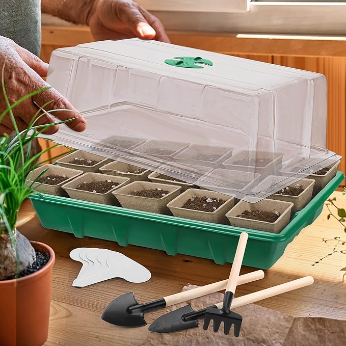 4 Pack Seed Starter Tray Kit, 120 Square Seed Peat Pots for Seedlings with Plants Labels, Planting Tools, Plastic Growing Germination Trays with Lids for Indoor Outdoor Gardening, Green - Image 7