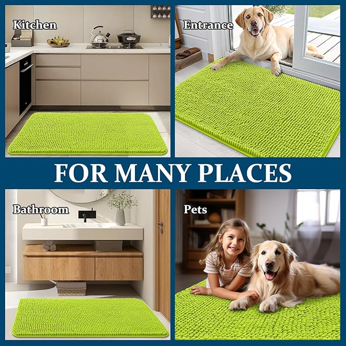 OLANLY Dog Door Mat for Muddy Paws 24x16, Absorbs Moisture and Dirt, Absorbent Non-Slip Washable Doormat, Quick Dry Chenille Mud Mat, Entry Indoor Entryway Carpet for Inside Floor, Bright Green - Image 8